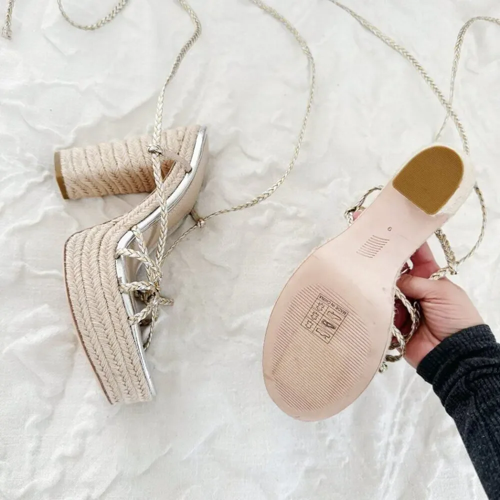 PAIGE Braided Metallic Ankle-Strap Platform Espadrilles Size 9 New